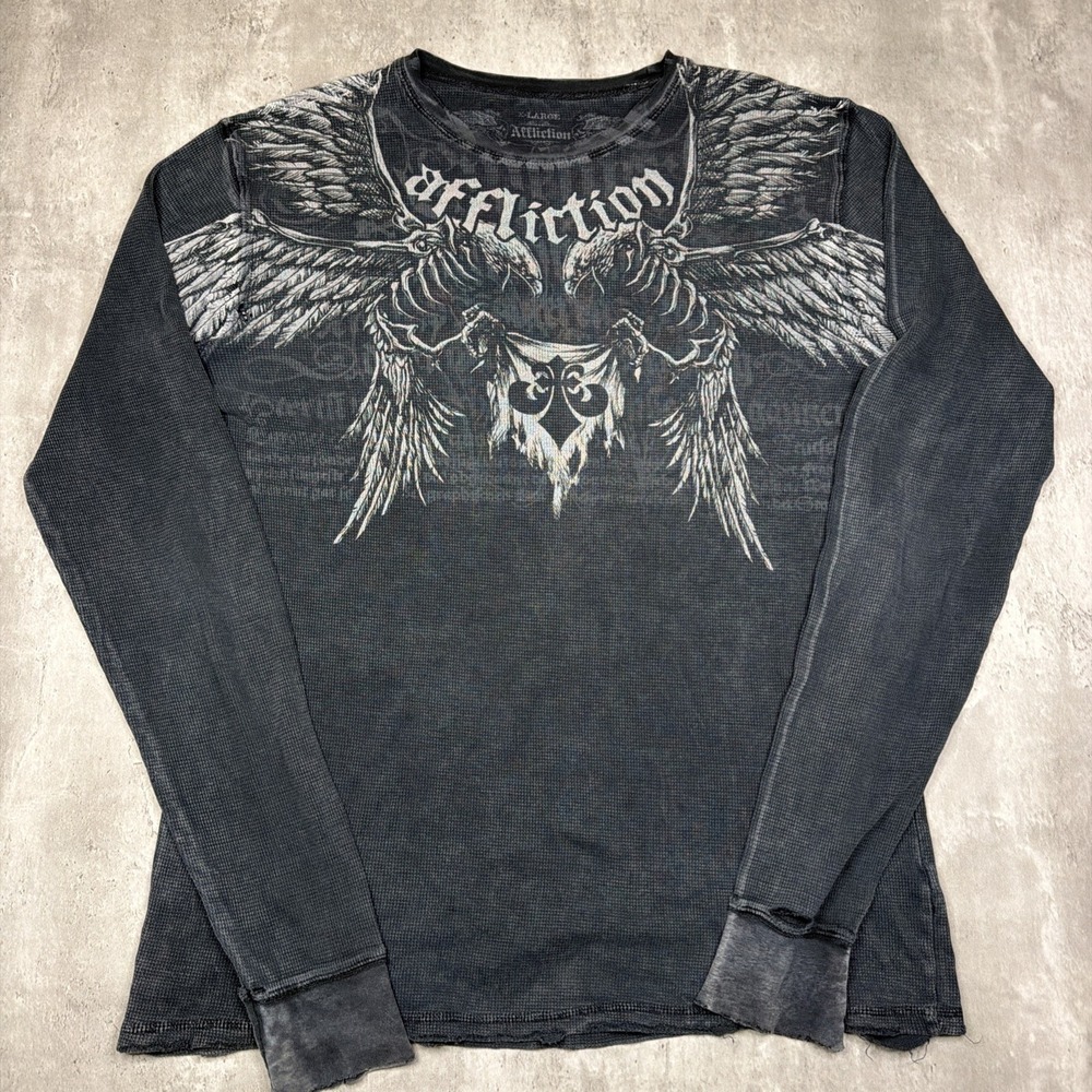 Affliction Thermal XL Black Distressed Wings Long Sleeve Tee Y2K USA AOP Grunge